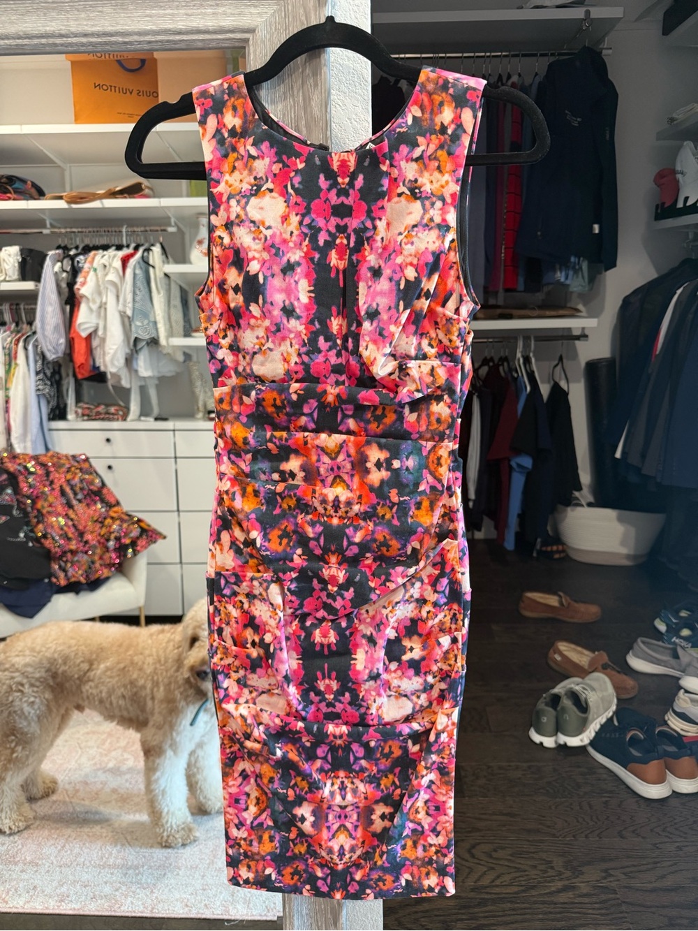 Nicole Miller Pink and Black Floral Sheath Dress